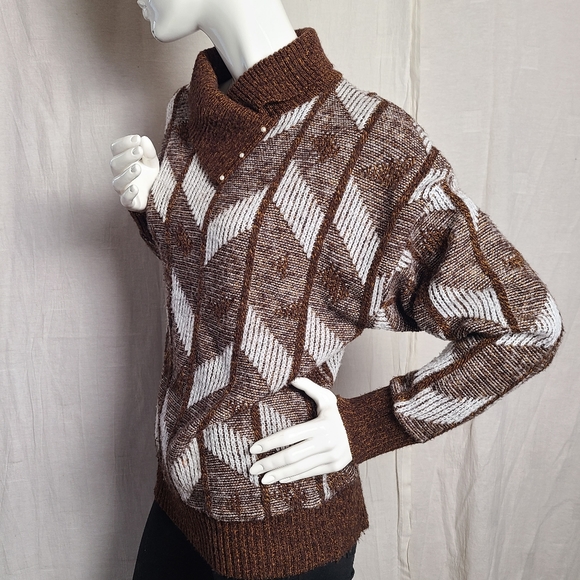 Vintage Her Women's Brown Acrylic Cowl Neck Funky Chevron Pattern Knit Sweater - Picture 4 of 13